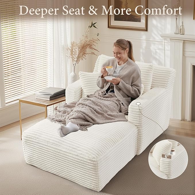 VEPXXP 65.4" Chaise Lounge Chair Indoor, Oversized Boneless Couch Comfy Upholstered Sleeper Sofa Bed with 3 Pillows, Corduroy Cloud Reading Chair for Living Room No Assembly Required, White