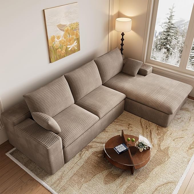 107 Inch Modular Sectional Sofa with Deep Seat, Corduroy Cloud Sectional Couch, Modern Boneless Couches with L-Shape Chaise for Living Room Bedroom, No Assembly Required (Camel, Right Facing Chaise)