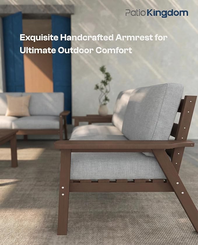 Patio Kingdom Patio Furniture Set 2 Seats, HDPE Outdoor Sectional with Gray Washable Thick Cushions, Coffee Table, Patio Conversation Sets for Lawn, Garden, Porch, Balcony, Deck (Brown Frame)