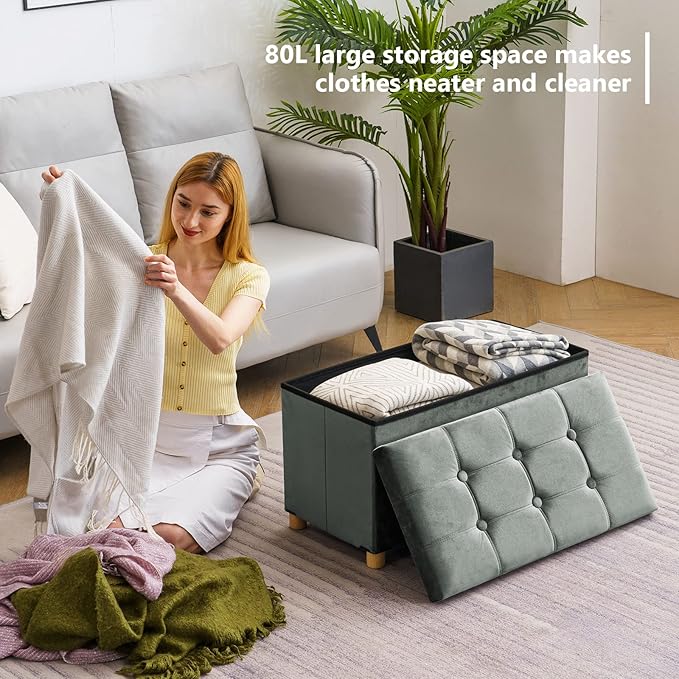 30 Inches Folding Storage Ottoman Bench, Velvet Storage Chest, Footrest Couch with Wooden Legs, Support 350lbs for Bedroom, Living Room, Hallway, Grey