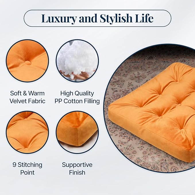 Velvet Floor Pillow Set of 2, Square Large Pillows Seating for Adults, Tufted Cushions for Meditation, Yoga, Tatami, Living Room, Chair, Machine-Washable & Dryer-Safe, Orange, 22x22 Inch