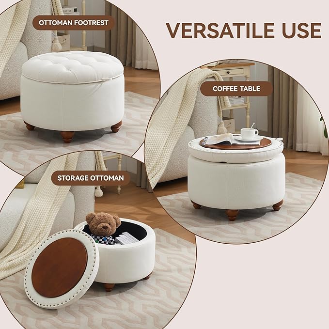 WUTUTUEE 24Inch Round Storage Ottoman with Tray, Modern Tufted Fabric Circle Coffee Table with Storage, Upholstered Ottoman with Removable Top for Living Room, Bedroom, Beige