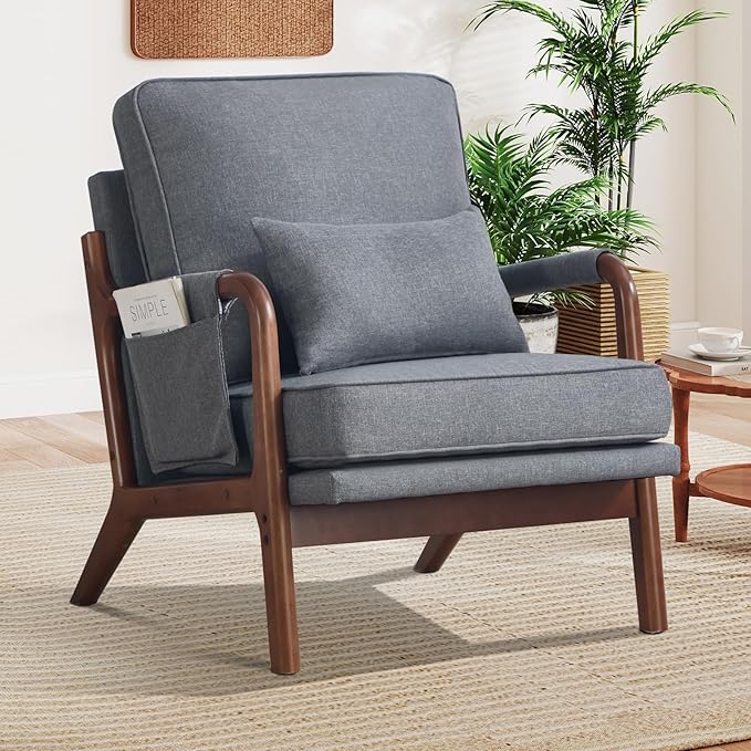 CANMOV Mid Century Modern Accent Chair with Extra Side Storage Pocket Upholstered Reading Armchair with Waist Cushion, Accent Chair for Living Room Bedroom, Easy Assembly, Grey