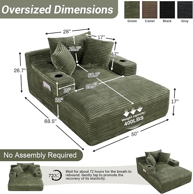 50"W x 68"D Oversized Chaise Lounge Chair Indoor Boneless Reading Chair Plush Corduroy Recliner with Cup Holders Large Deep Seat Comfy Sofa Bed Couch with 3 Pillows for Living Room Bedroom, Green