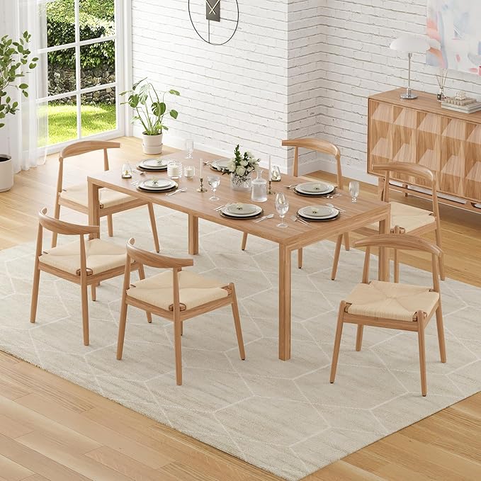 Farini Mid Century Modern Dining Chairs Set of 2, Solid Wood Frame Kitchen Chairs with Woven Upholstered Seat for Dining Room & Breakfast Nook,Natural-Beige