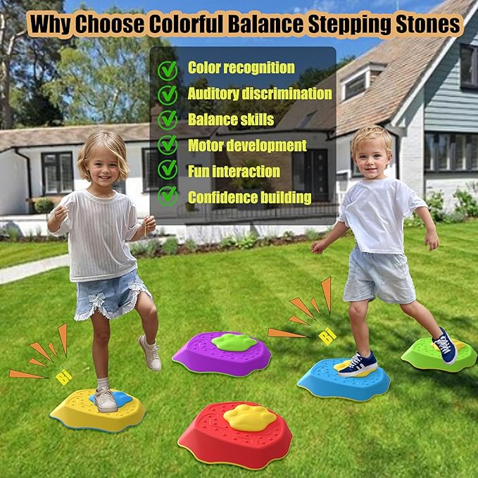 HTWELL Kids Stepping Stones with Sound,Durable Non-Slip Balance,Sensory Stepping Stones,Obstacle Course Indoor Outdoor for Toddler, Toy Gifts for Age 3+（5pcs）