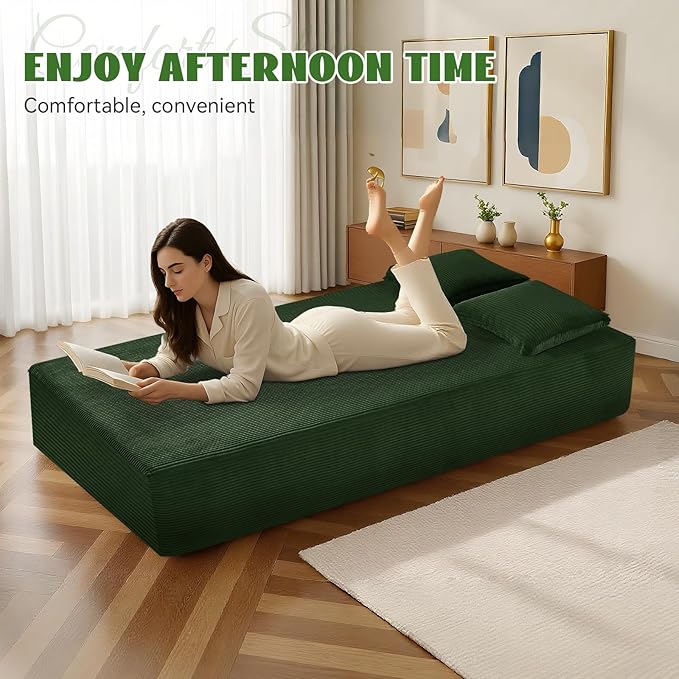 83" Sofa in a Box, 3 Seater Couch No Assembly Boneless Sofa Bed with Cushion Back 2 Matching Pillows Deep Seat Corduroy Fabric Side Storage Pockets for Living Room, Bedroom, Apartment, Office, Green