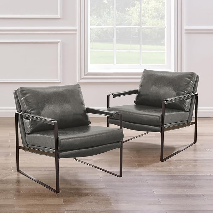 Zouron PU Leather Accent Chair for Bedroom, Living Room Chairs Modern Contemporary Upholstered Armchair with Metal Frame, for Living Room, Office, Reception Area,Set of 2, Gray