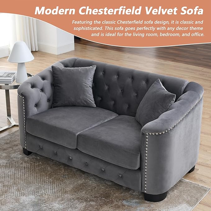 mikibama Modern Chesterfield Velvet Loveseat Sofa, 59 Inch Sectional Sofa, Luxury 2 Seater Upholstered Tufted Couch with Nailhead Arms and 2 Pillows for Living Room, Bedroom, Apartment(Grey)