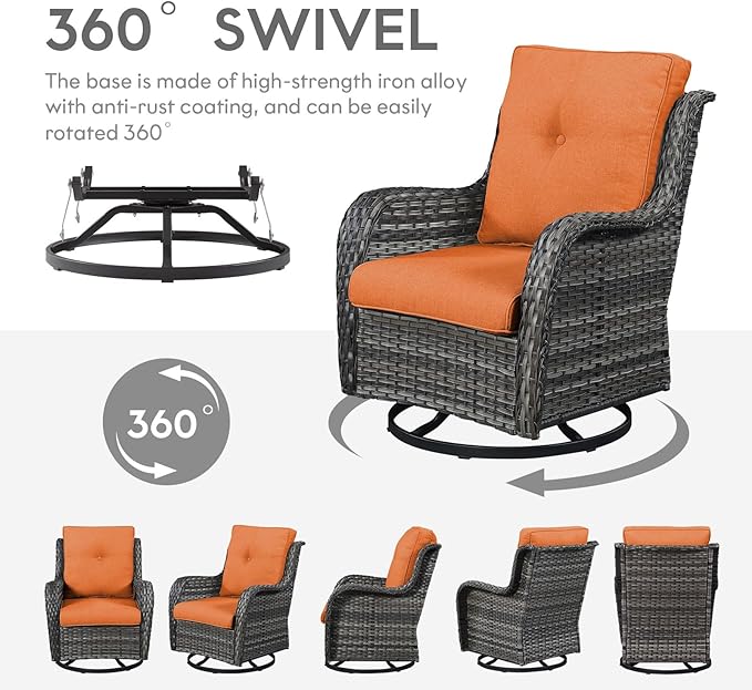 Belord Outdoor Swivel Rocker Wicker Chairs Set of 3, High Back Swivel Patio Chairs Wicker Furniture Set, 2 PCS Rattan Swivel Rocking Chair with Side Table, Orange Cushion