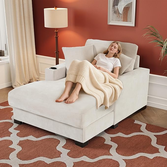Oversized 60" Chaise Lounge Sofa, Chaise Lounge Recliner with Adjustable Backrest, Built-in Cup Holder USB and Type-C Port, 2 Pillows, Sleeper Couch with Deep Seat for Living Room, Bedroom, Beige
