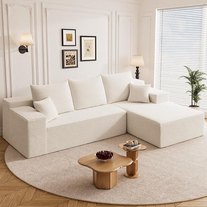 108" Boneless Cloud Sectional Couches for Living Room, Comfy Fluffy L Shaped Memory Foam Deep Seat Boneless Couch, Modular Sectional Sofa with Right Facing Chaise, White