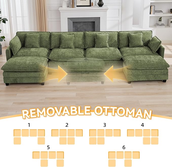 147'' Sectional Cloud Deep Seat Couch, Oversized Chenille U Shaped Sectional Sofa for Living Room Set, Comfy Upholstered Modular Sectional Sofa Couch with Movable Ottoman, Green