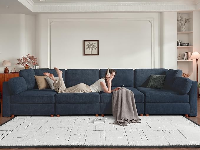 CUGOAO 117.7'' Modular Sectional Sofa, Oversized L-Shaped Sectional Couch with Ottoman, Deep Seat Chenille Cloud Couch, Mordern Upholstered Couches for Living Room, Apartment, Office, Blue