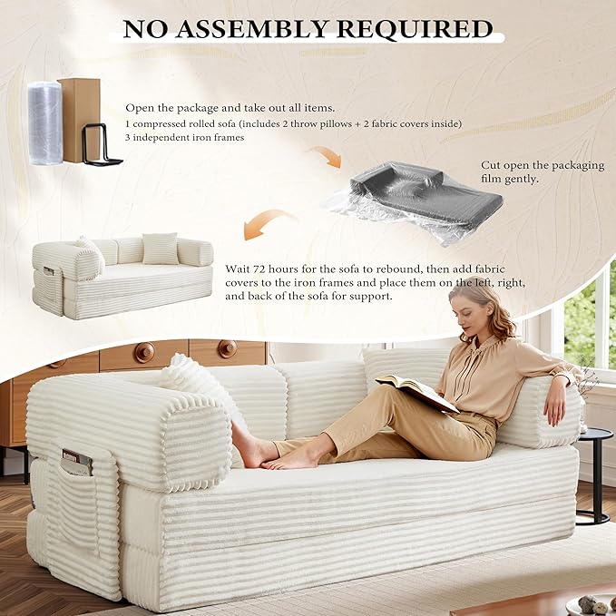 AUGOP Boneless Couch Folding Couches for Living Room Sofa, Futon Sofa Bed with Sleeper Sofa, Futon Couch with Fixed-Shape Oversized Corduroy Upholstered (White, 81 Inches)