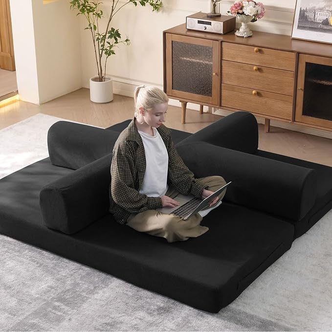 79" Convertible Sleeper Sofa Bed with Cylindrical Pillow, Corduroy Folding Mattress Couch with Fixed-Shape Frame, Floor Sofa Lounge Couch for Living Room Bedroom Lounge Studio (Black)
