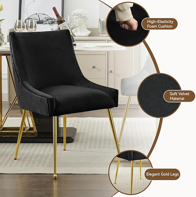 WUTUTUEE Velvet Dining Chairs Set of 6 Gold Legs,Upholstered Velvet Accent Chairs, Pleated Back Design & Gold Pull Handle, Mid Century Modern Chairs for Dining/Kitchen/Living Room,Black