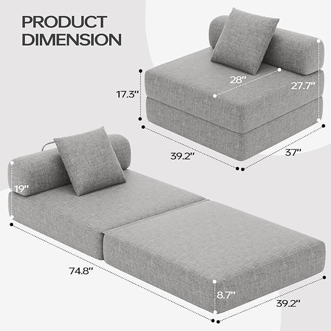 DURASPACE 39.2'' Folding Sofa Bed, Floor Foldable Futon with Memory Foam, Convertible Sleeper Chair with Back Support for Living Room (Chenille Gray)