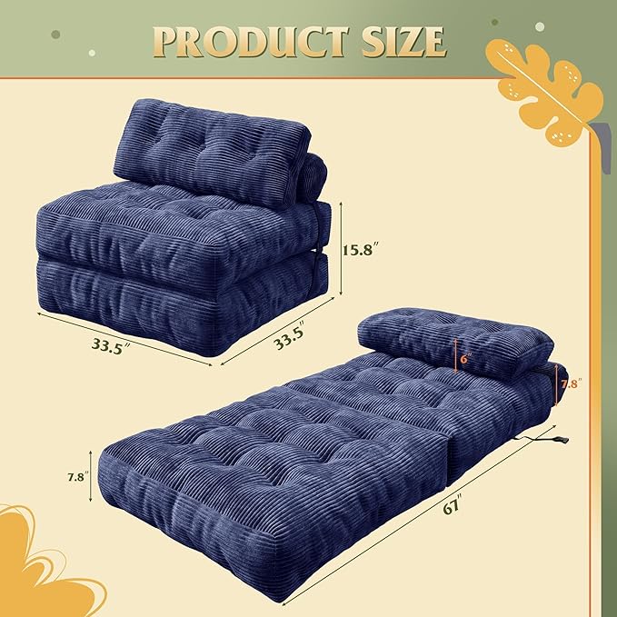 WLIVE Sofa Bed, Bonless Couch, Bean Bag Chairs for Adults, Pull Out Couch, with Pillow, for Living Room Dorm Bedroom, Navy Blue