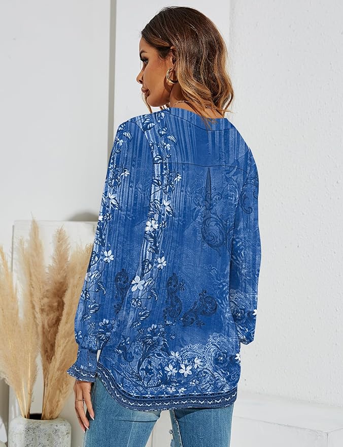 Romanstii Women's Casual V-Neck T-Shirts Loose Puff Long Sleeve Tops Tunic Blouses