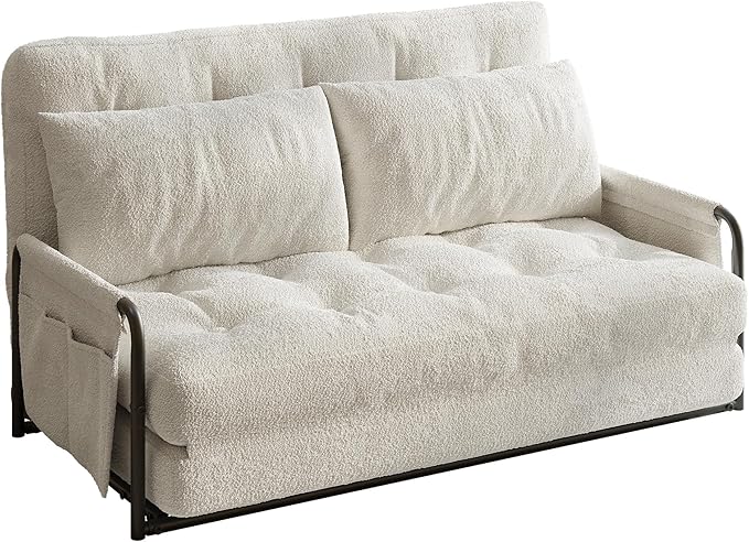 WLIVE Futon Sofa Bed with Adjustable Backrest, Bean Bag Chairs for Adults, Floor Couch with Armrest, Pillow, Low Profile Floor Seating for Living Room, Reading, Bedroom, Loveseat, Beige