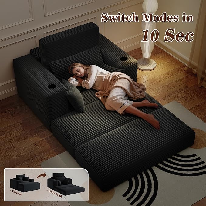 Gericco 52" Boneless Chaise Lounge Chair Indoor — Oversized Cloud-Like Cozy Comfy Modular 3-in-1 Sofa Bed for Reading, Living Room & Bedroom Corduroy Couch Sleeper, Black