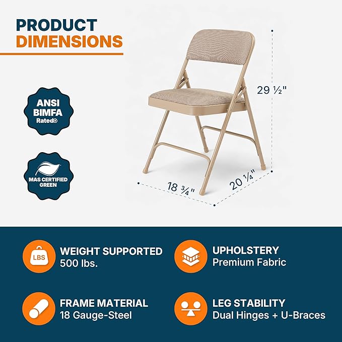 OEF Furnishings OEF2200 Series Heavy-Duty Premium Fabric Padded Upholstery Double-Hinged Folding Chairs (4-Pack, French Beige)