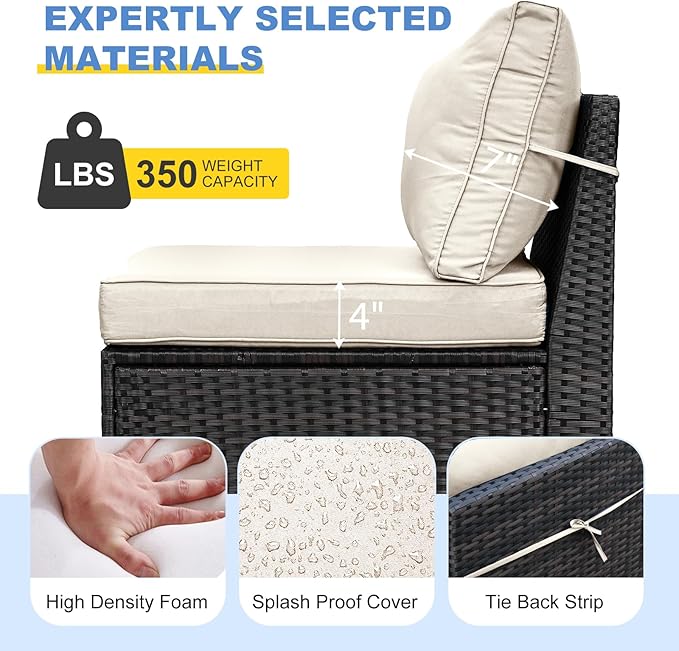 SunloungeCo Patio Furniture Set, 8 Pieces Outdoor Couch Sofa with Wider Armrests & Glass Coffee Table, Outdoor Sectional Furniture with Thick Cushions for Party, Poolside,Garden-Beige