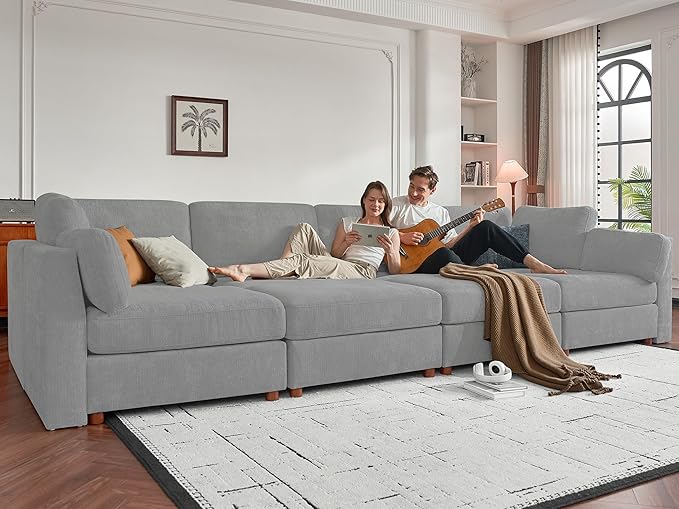 CUGOAO 159'' Modular Sectional Sofa, Oversized L-Shaped Sectional Couch with Ottoman, Deep Seat Chenille Cloud Couch, Mordern Upholstered Couches for Living Room, Apartment, Office, Grey
