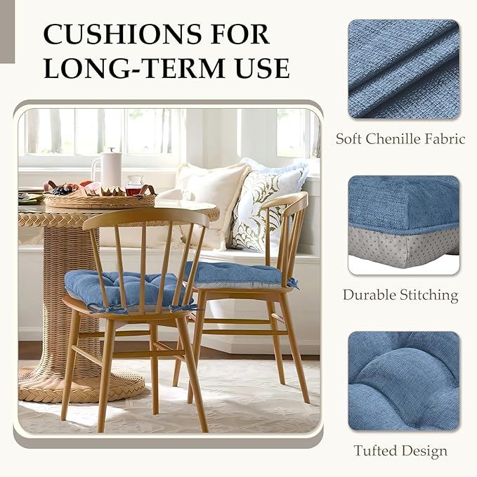 HARBOREST Chair Cushions for Dining Chairs Set of 6 - Chenille Tufted Kitchen Chair Cushions with Ties and Non-Slip Bottom, Foam Chair Pads for Dining Chairs, 17" x 17", Blue