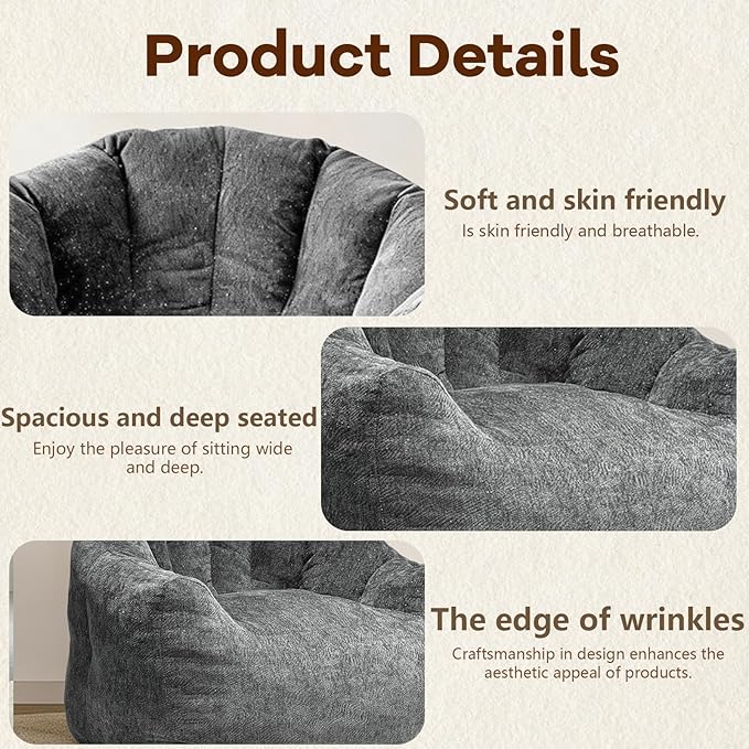 Giant Bean Bag Chair for Adults and Kids Oversized Faux Fur Shell-Shaped BonelessBeanBag Couch Filler with Memory FoamStuffed Big Accent Sofa for Living Room, Bedroom & Dorm (Dark Grey)
