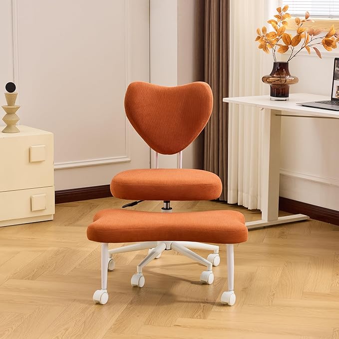 Meditation Chair with Lumbar Support, Ergonomic Floor Sitting Chair Adjustable Height, Cross Legged Chair for Office, Yoga & Mindfulness, Cushioned Seat with Wheels (Orange)