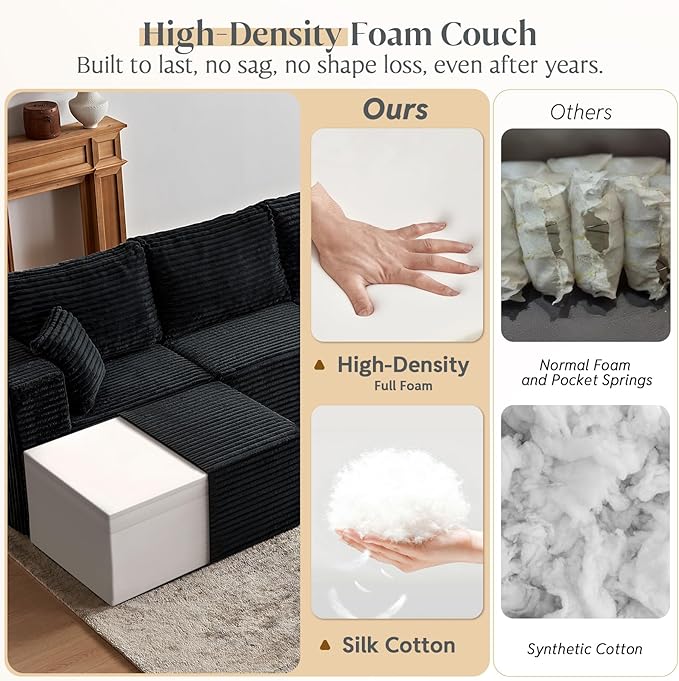 MODNEST 108" Modular Sectional Sofa Cloud Couch with Deep Seats, L Shape Couch with Chaise and Movable Ottoman, Sectional Couches for Living Room, Comfy Boneless Couches No Assembly Required, Black