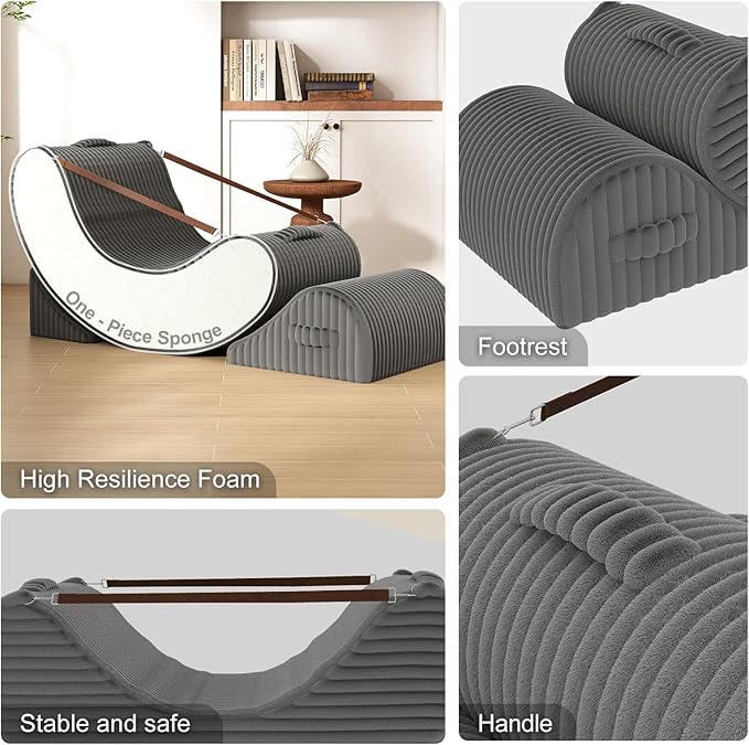 Gaint Bean Bag Chairs for Adults, Beanbag Lounge Filled with Memory Foam, Adjustable Angle, Corduroy Fabric, with Detachable Footrest for Bedroom, Living Room and Nursery(Grey)