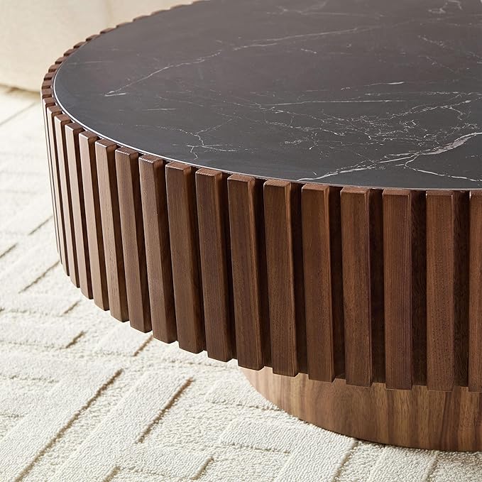 35.43''/90CM Modern Drum Coffee Table, Luxury Circle Wood Coffee Table for Apartment,Small Space (Walnut, Ø35.43 x 13.77 Sintered Stone Tabletop)