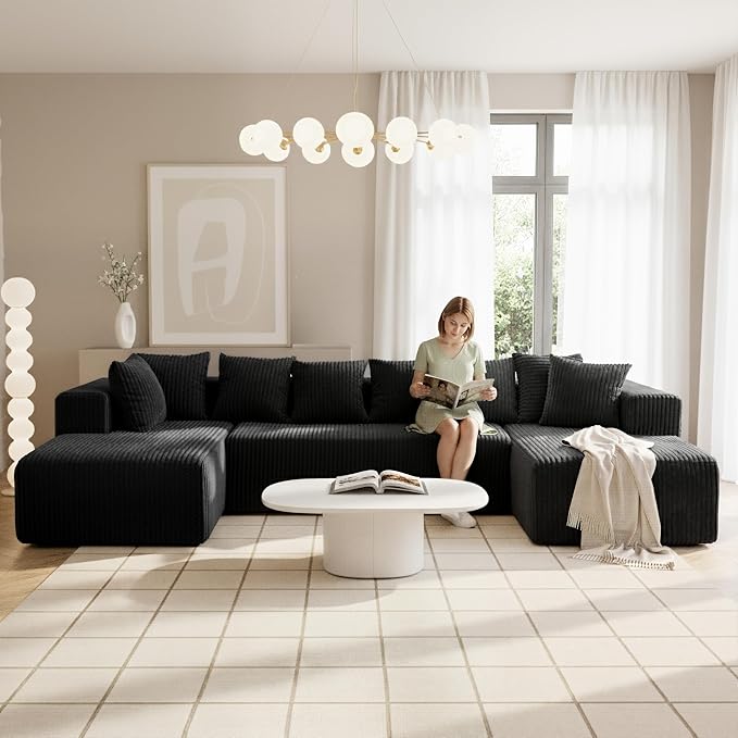 130" Boneless Couch, Cloud Couch Sectional, Corduroy Sofa for Living Room, U Shaped Modular Sofa with Chaise, No Assembly, 4 Seats Oversized (Black)