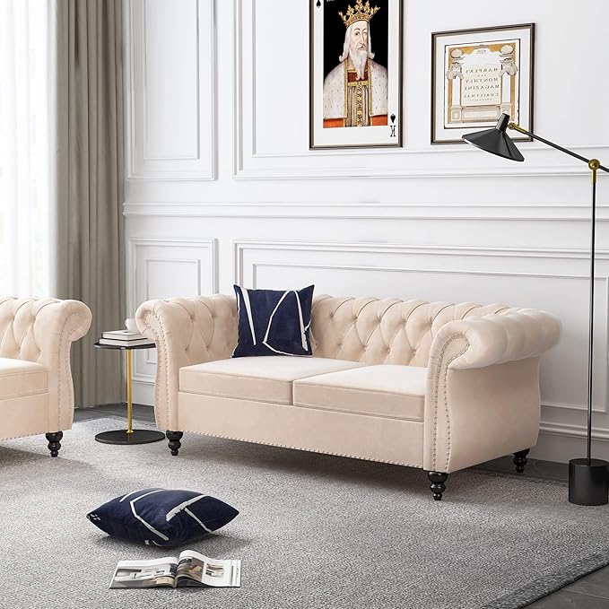 QHITTY Accent Sofa, Chesterfield Loveseat Modern Velvet Couch Upholstered Sofa with Tufted Back for Living Room Furniture (Beige)