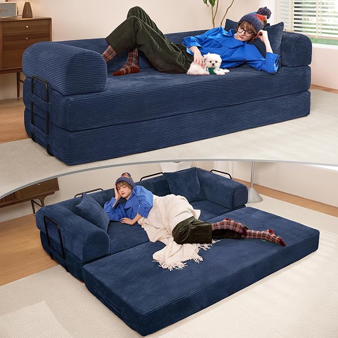 79" Convertible Sofa Bed, Boneless Corduroy Sleeper Foldable Modular Couch, Memory Foam Compressed Sofa in A Box, Folding Mattress Floor Couch for Small Space Living Room Apartment Bedroom, Blue