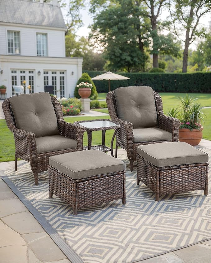 ACTREST 3 Piece Patio Brown Wicker Chairs with Side Table - Outdoor High Back Heavy Duty All-Weather Lawn Dining Rattan Chair Conversation Bistro Set for Deck Porch Balcony Backyard Garden - Grey