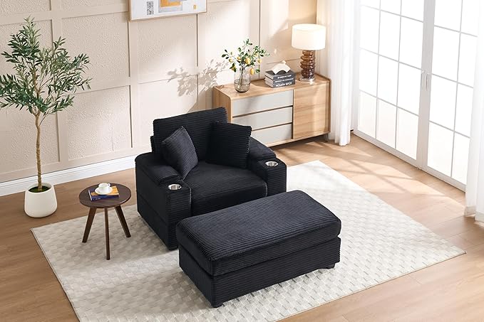 Wide Stripe Corduroy Chaise Lounge Sofa with Storage Handrail, Movable Ottoman, and Deep Seat, 5 Colors, Ideal for Living Room or Office Use