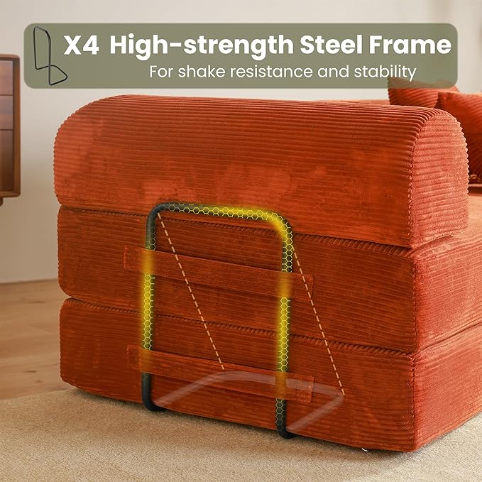 79" Convertible Sofa Bed, Boneless Corduroy Sleeper Foldable Modular Couch, Memory Foam Compressed Sofa in A Box, Folding Mattress Floor Couch for Small Space Living Room Apartment Bedroom, Orange