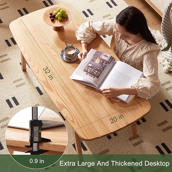 QKFF Modern Solid Wood Coffee Table, 2-Tier Small Wooden Coffee Table with Storage Shelf for Living Room, Apartment, Office, Natural (32''D x 20''W x 18''H)