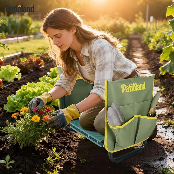 Patioland Garden Kneeler and Seat with 2 Tool Bags, 10.2" Widen Heavy Duty Thicken Soft Kneeling Pad, 2-in-1 Folding Garden Stool, Outdoor Yard Work Seat, Ideal Gardening Gifts for Mom, Women, Grandma