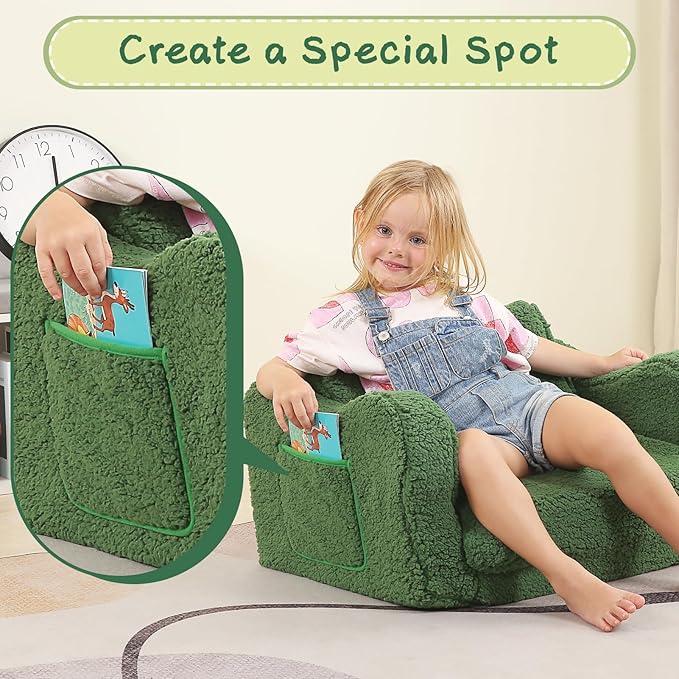 Kids Sofa, 2-in-1 Flip-Out Foam Couch with Soft Sherpa Cover, Cozy Play Lounge Chair, Green