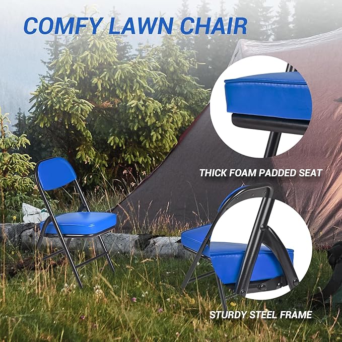 fusehome Mini Padded Folding Chairs, Garage Stool, Portable Camping Chair with Cushion, Lightweight Lawn Chair, for Outdoor Sports Events, Patio, Fishing, Hiking, Hunting, Picnic, Beach (Blue)