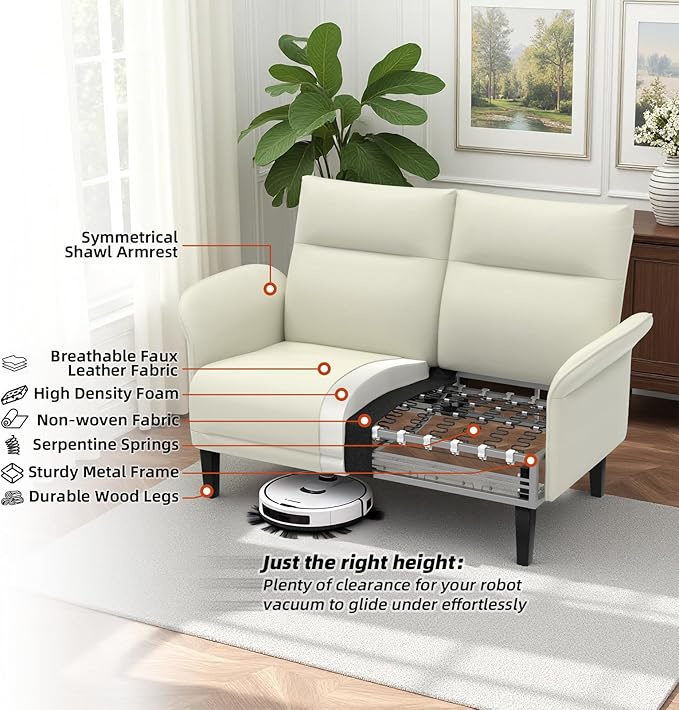 3-Piece Symmetrical Shawl Arm Sofa Set, Faux Leather Loveseat & 2 Accent Chairs with Wide Armrests, Wooden Legs, Upholstered Living Room Set for Cozy Spaces(Beige)