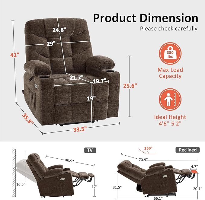 MCombo Power Lift Recliner Chair for Elderly, Electric Lift Chair with Extended Footrest, USB Ports, Cup Holders, Fabric 7281 (Brown, Small)