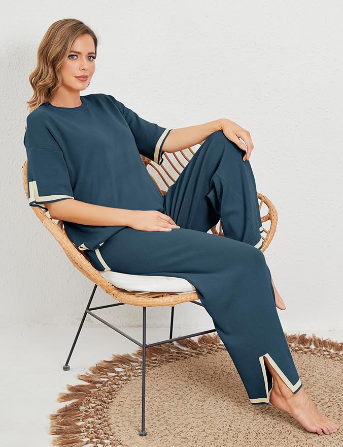 Faleave Womens Knit 2 Piece Sweater Sets Short Sleeve Pullover Tops Elastic Waist Wide Leg Pants Lounge Set