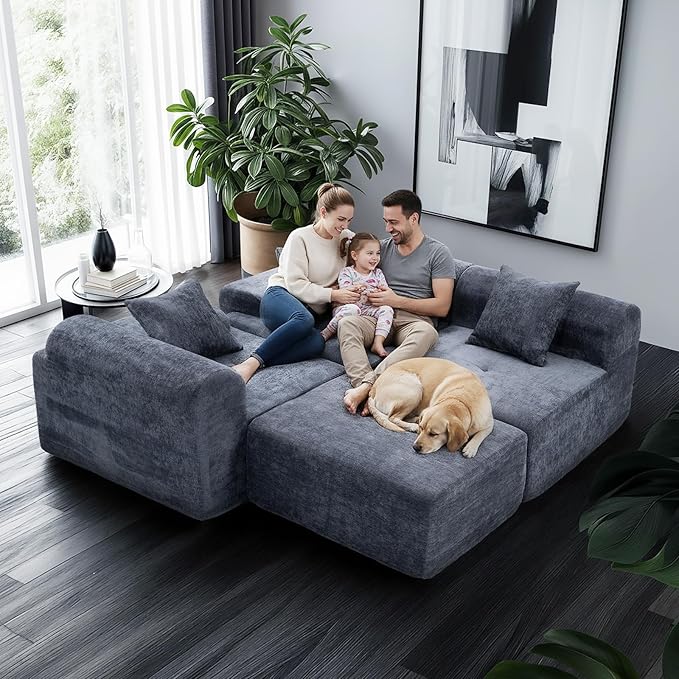 119’’ Modular Sectional Sofa Couch with Chaise, Deep Seat Cloud Couch for Living Room, Modern Chenille Upholstered Sectional with Throw Pillows, Compression Modular Sofa for Apartment or Bedroom, Blue
