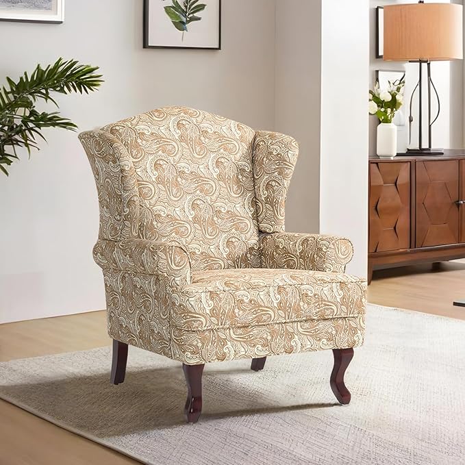 DREAMSIDEA Accent Chair, High Back Upholstered Armchair with High Resilience Sponge & Wood Legs, Mid-Century Modern Comfy Single Sofa Reading Chairs for Living Room, Bedroom (Floral Sand, Set of 1)